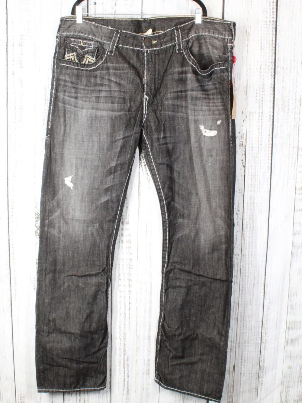 True Religion Ricky Super T Black Grey Jeans Size 42 White Yellow Stitch NWT